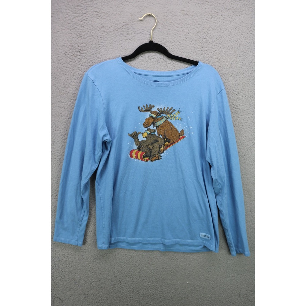Life is Good Long Sleeve Crusher Tee-Size Large-Moose/Bear Sledding-Winter
